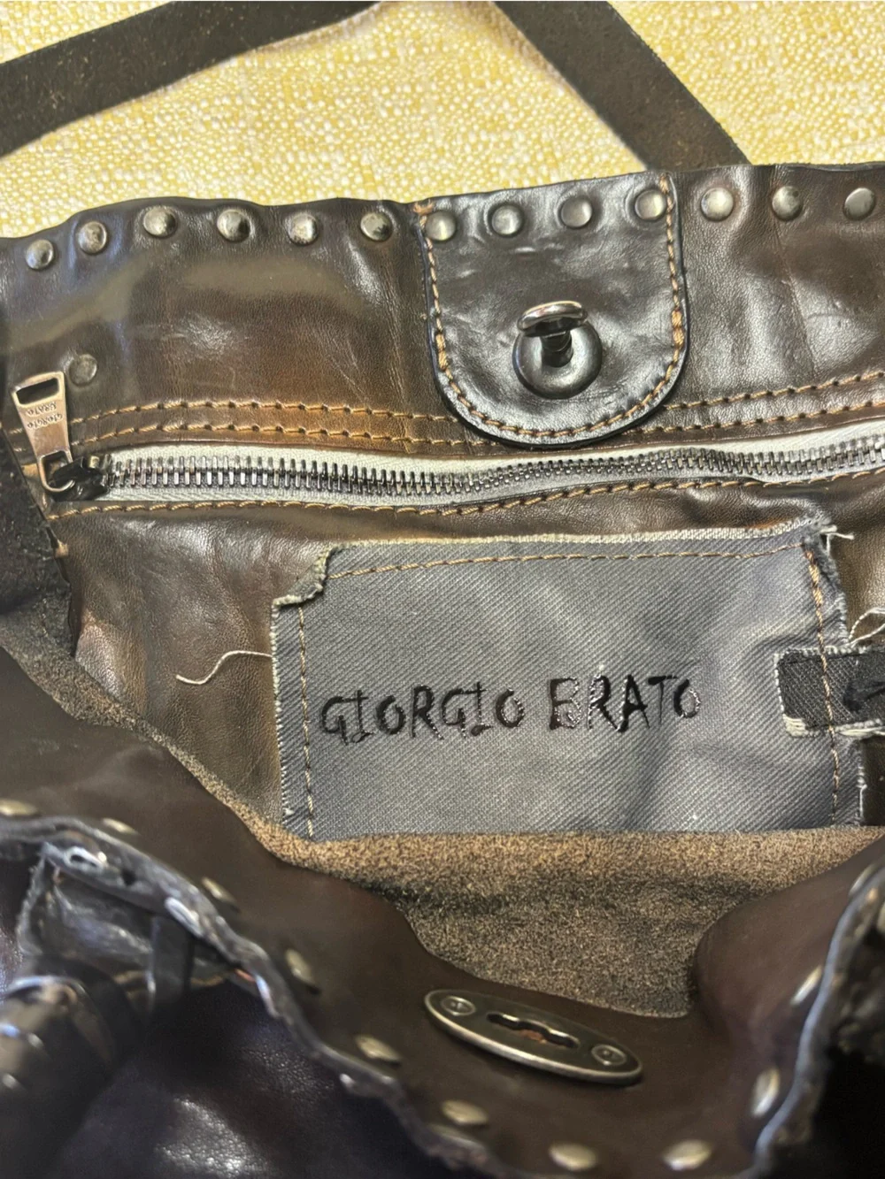 Giorgio Brato Dark Brown Leather Stud-Accent Shoulder Bag with Turn-Lock - Picture 6 of 10